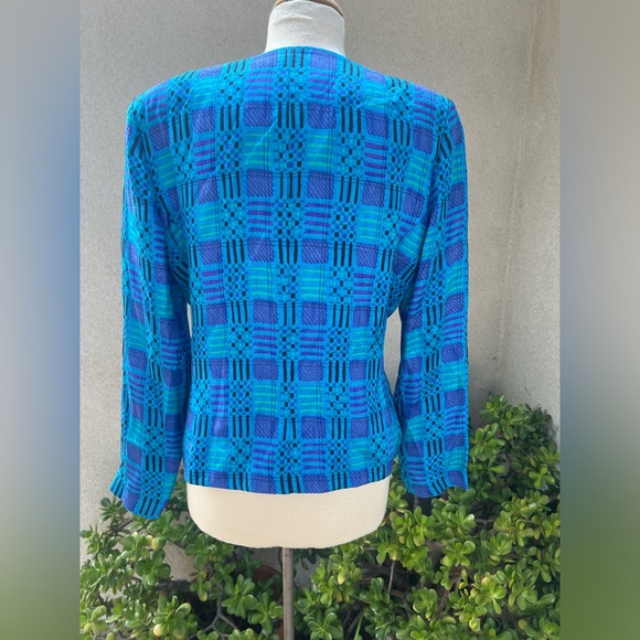 Silk studio blazer jacket blues geometric print lined Sz 14 - Picture 5 of 10